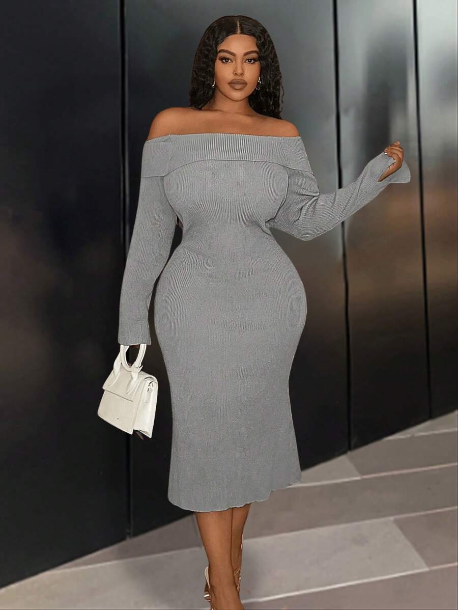 Slaydiva 大码优雅休闲派对毕业灰色长袖露肩露肩可折叠领纹理罗纹面料中长连衣裙，秋冬 - 灰色 - 查看 1