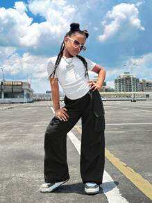 SHEIN Girlism Tween Girl Ribbed Ruched Short Sleeve Tee With Patch Pocket Casual Pants 2-Piece Set - Black - View 3