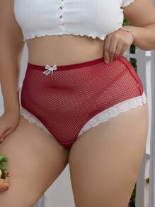 Plus Size Lace Patchwork Bow Decor Casual Panty, 1pc - Burgundy - View 4