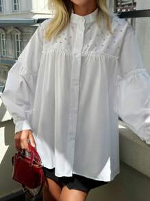 EURMUSE 100%Cotton Diamond Decorated Lantern Sleeve Shirt With Stand Collar - White - View 4