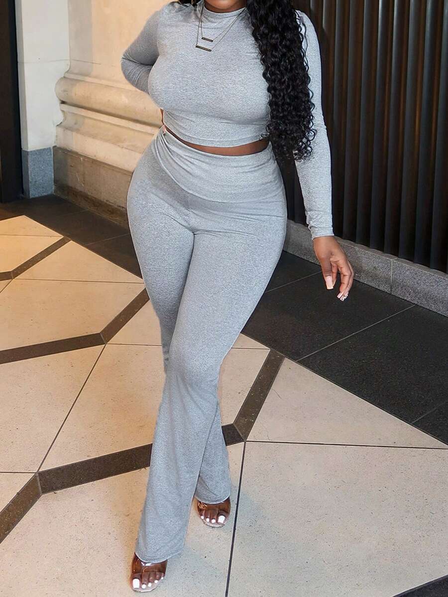 Slaydiva 2pcs Plus Size Casual Loose Turtleneck Long Sleeve Top And Pants Set, Suitable For Autumn And Winter - Grey - View 1