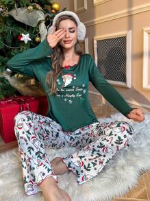 CoupledUp Santa Claus & Letter Print Ruffle Trim Crew Neck Long Sleeve Top & Pants Pajama Set, Women Christmas Clothes, For Fall