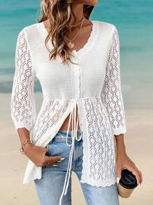 SHEIN LUNE INS Style Fashion Vacation Adjustable Drawstring Hollow Out Cardigan - Beige - View 3