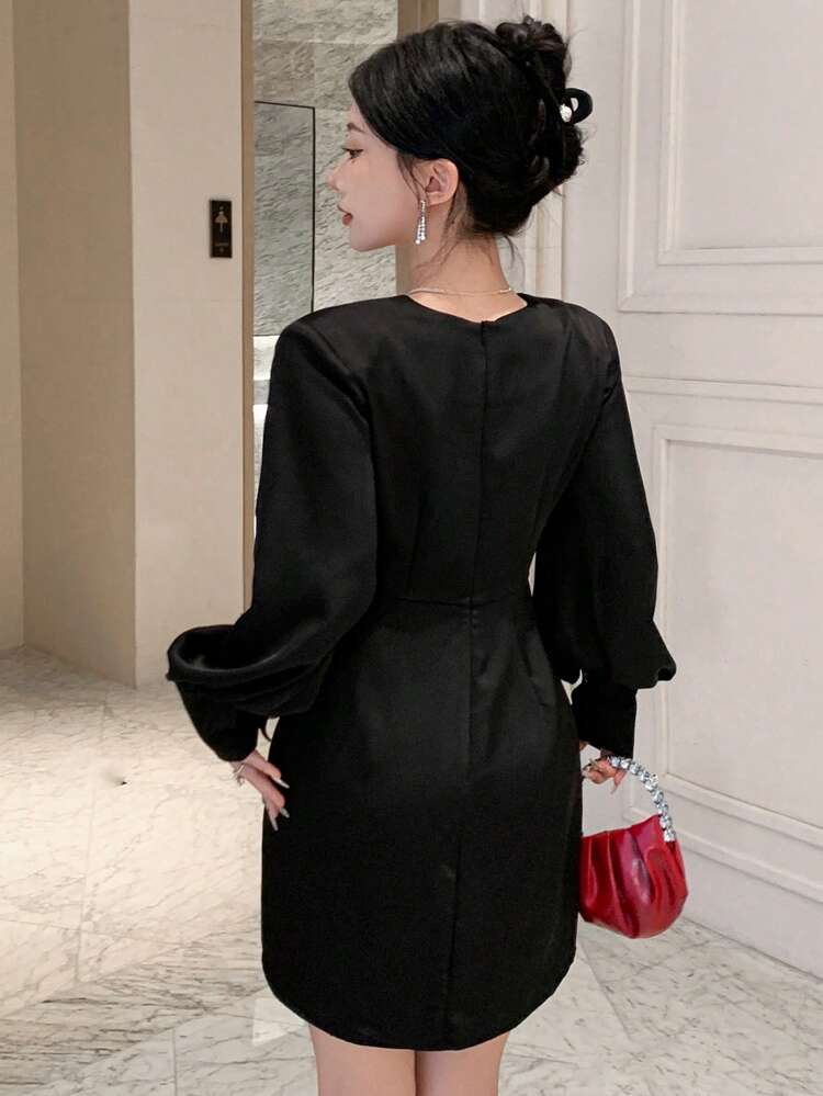 Women's Long Sleeve Solid Color Minimalist V-Neck Elegant Dress, Birthday Prom Dress,Fall Clothes