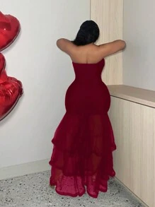 Veslaya Plus Size - Sexy Valentine's Day Mesh Patchwork Ruffle Dress, Prom Dress & Date Night Outfit - Burgundy - View 2