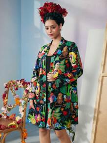 Frida Kahlo X SHEIN Fall And Winter Black Loose Plant & Figure Graphic Surrealism Dress, Fall - Black - View 7