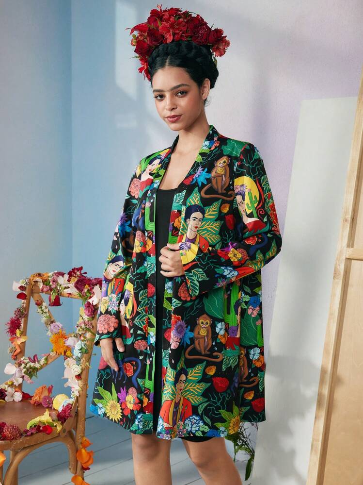 Frida Kahlo X SHEIN 秋冬黑色宽松植物与人物图案超现实主义连衣裙，秋季 - 黑色 - 查看 7