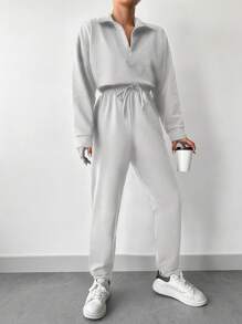 EURMUSE Drop Shoulder Half Zip Placket Sweatshirt & Sweatpants - Light Grey - View 5