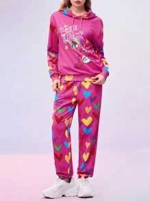SHEIN X Care Bears Designer Cartoon Bear Heart Printed Drop Shoulder Drawstring Hoodie Sweatshirt And Sweatpants Set, Holiday, Thanksgiving, Festival