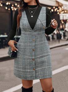 SHEIN Clasi 2 件大码休闲套装 - 长袖纯色连衣裙和 V 领无袖前纽扣上衣 女士粗花呢连衣裙 格子连衣裙 女士西装连衣裙 女士格子连衣裙 - 彩色 - 查看 1