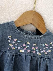 Genkimix Kids Baby Girl Cute Floral Embroidered Loose Comfortable Denim Dress With Ruffle Hem Design - Medium Wash - View 5
