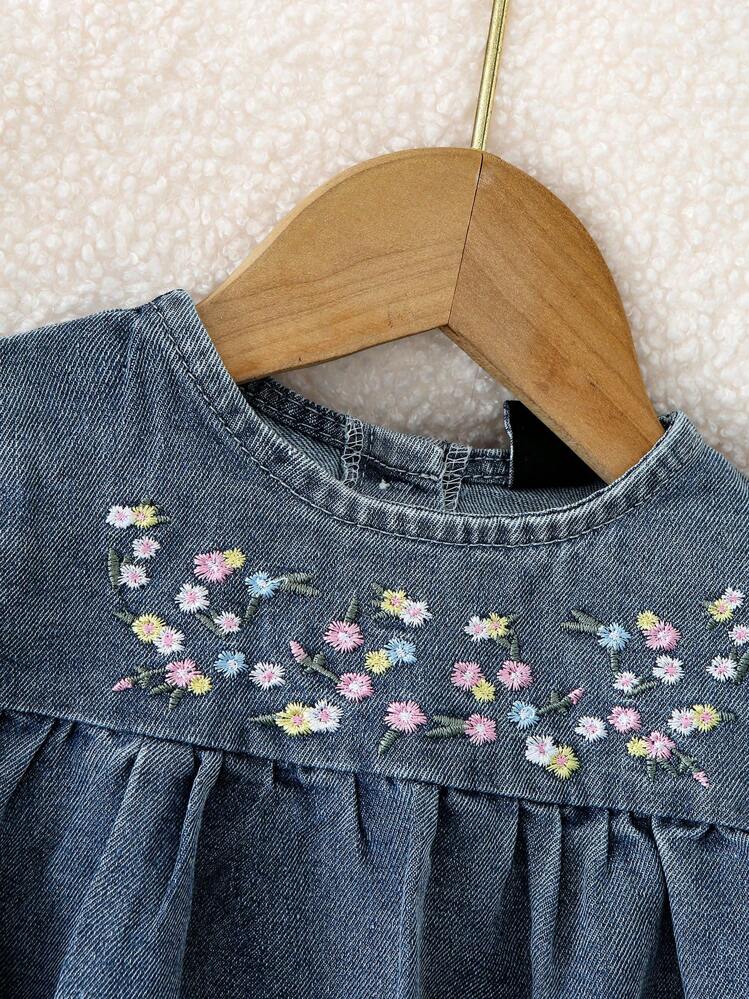 Genkimix Kids Baby Girl Cute Floral Embroidered Loose Comfortable Denim Dress With Ruffle Hem Design - Medium Wash - View 5