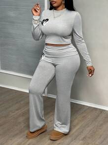 Slaydiva Áo dài tay in hình trái tim màu xám thanh lịch giản dị cỡ lớn và quần dài cho nữ 2 món/bộ - Xám - Xem 5