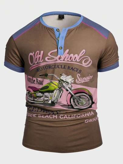 Manfinity LEGND Camiseta de manga corta casual de verano con estampado de letra y motocicleta para hombres
