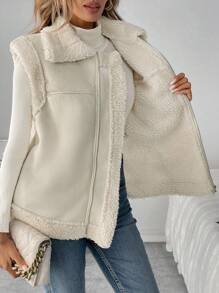 SHEIN LUNE Áo khoác nữ cổ bẻ màu be có khóa kéo cho mùa thu/đông - Màu be - Xem 1