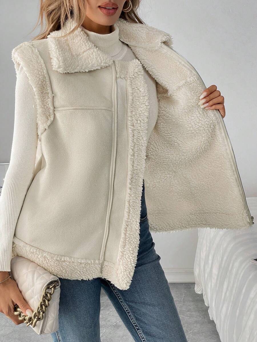 SHEIN LUNE Áo khoác nữ cổ bẻ màu be có khóa kéo cho mùa thu/đông - Màu be - Xem 1