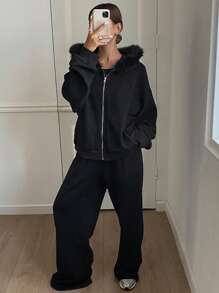 DAZY 2 piezas Conjunto de chaqueta con capucha y cuello esponjoso talla grande pantalones de unicolor para mujer, forrado térmico para otoño e invierno, conjunto de chándal para mujer - Negro - Ver 4