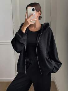 DAZY 2 piezas Conjunto de chaqueta con capucha y cuello esponjoso talla grande pantalones de unicolor para mujer, forrado térmico para otoño e invierno, conjunto de chándal para mujer - Negro - Ver 7
