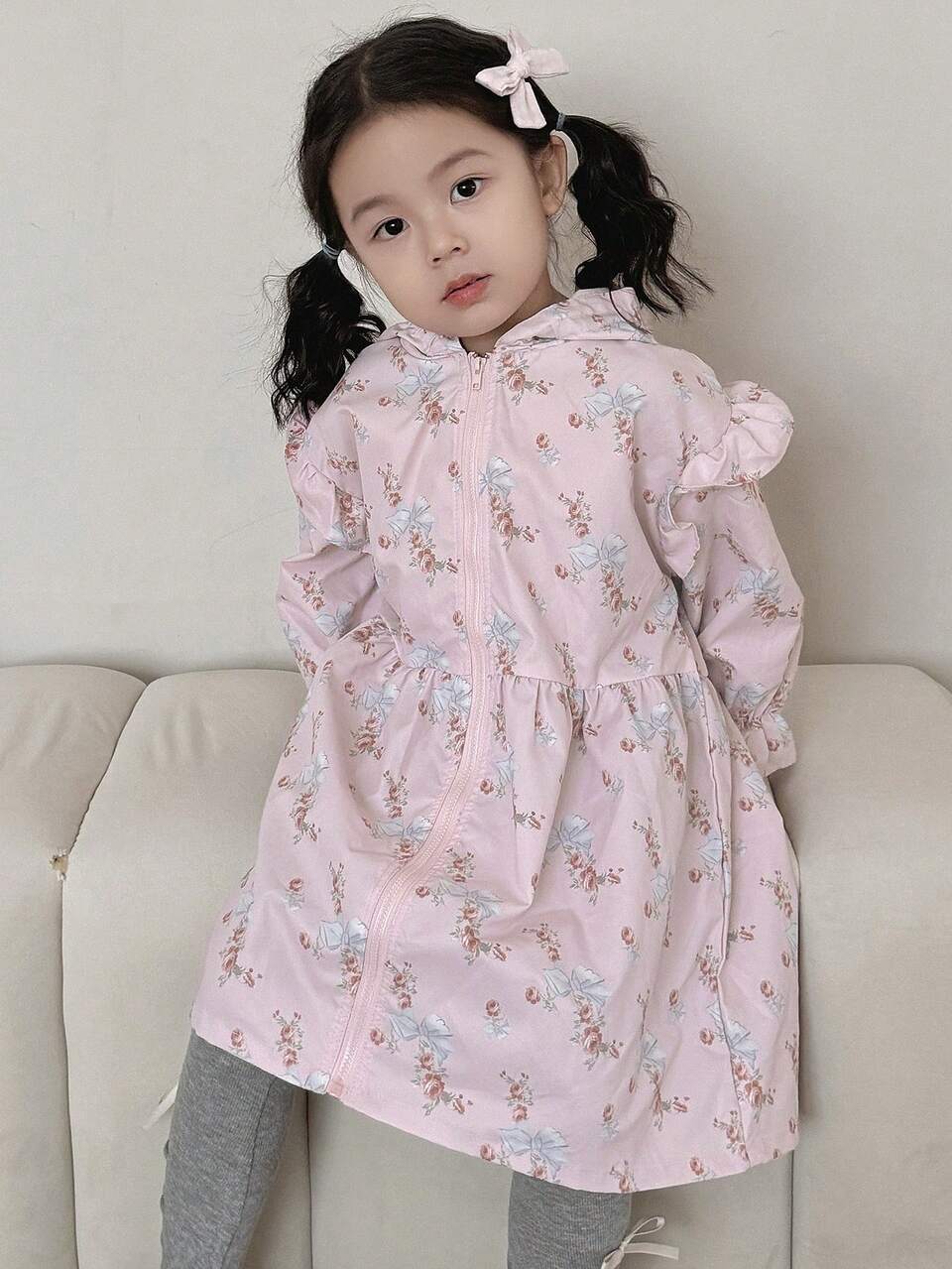 Young Girls Allover Print Hooded Cardigan, Fall
