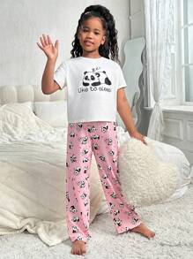 SHEIN 2 件 Tween Girls 可爱熊猫印花短袖上衣和长裤针织睡衣套装，阻燃 - 淺粉色 - 查看 5