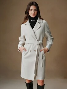 Anewsta Manteau beige ample de longueur mi-mollet avec corset de taille pour femmes
