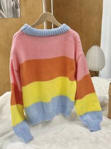 SHEIN Unity Women Colorblock Round Neck Batwing Long Sleeve Loose Sweater, Fall/Winter Knit Pullover - Multicolor - View 2