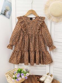 Emery Rose Kids Emery Rose Kids 年轻女孩夏/秋季豹纹荷叶边荷叶边袖连衣裙，非常适合夏秋季休闲日常穿着和上学日常穿着 - 彩色 - 查看 6