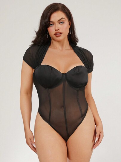 evoluSHEIN X Anitta RAUL OROZCO Designer Plus Gathered Cups Semi-Transparent Mesh Bodysuit, Holiday, Thanksgiving, Festival