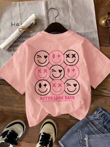 SHEIN EZwear Bộ 3 Áo thun ngắn tay cổ tròn in hình gấu cười đơn giản, thoải mái cho nữ, màu đen/xám/hồng, thích hợp cho mùa hè - Nhiều màu - Xem 4