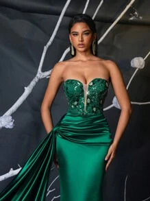 SHEIN Belle Elegante vestido de cola de sirena de satén brillante con pliegues en la cintura alta, cuello en V profundo y aplicaciones de lentejuelas tridimensionales verdes de lujo, adecuado para todas las ocasiones formales, cena de industria pesada, baile de graduación, invitado de boda - Verde - Ver 4