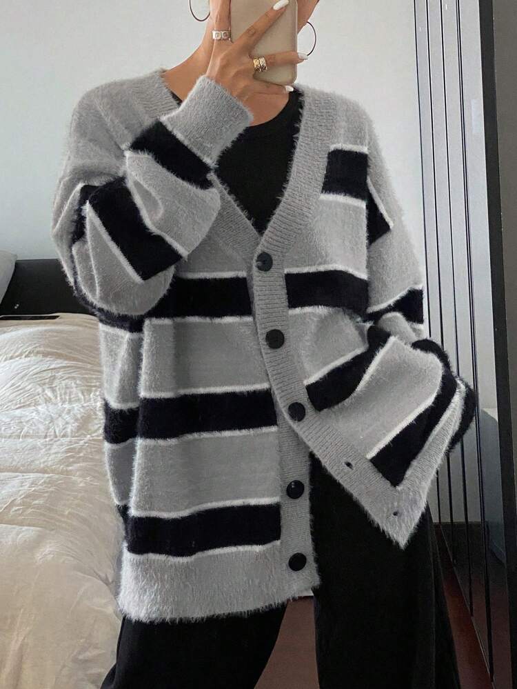 Women's Simple Striped Cardigan With Front Buttons, Casual Daily Wear,Fall Clothes Jacket