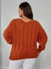 SHEIN Unity Plus Size Solid V-Neck Long Sleeve Minimalist Fall Sweater, Casual Everyday Wear, For Winter Knit Pullover - Orange - View 7