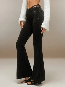 SHEIN Unity Quần đen nữ có cạp chữ V bằng chỉ vàng và bạc, quần ống loe bó, quần áo mùa thu, Halloween - màu đen - Xem 7