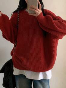 DAZY 纯色圆领长袖简约套头衫秋季毛衣、休闲日常穿着、长袖上衣 - 紅色 - 查看 5
