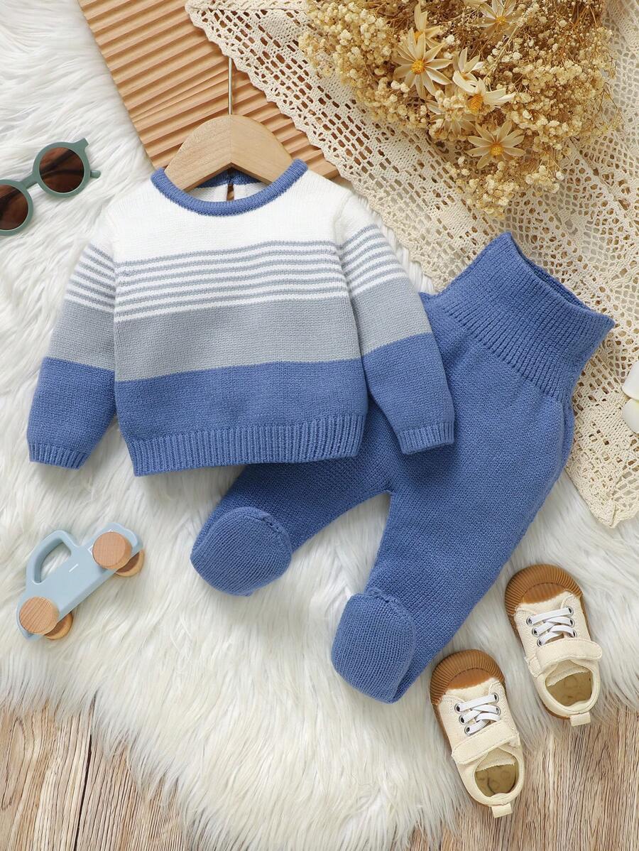 SHEIN 男婴圆领纯色拼接毛衣和裤子休闲装 - 藍色 - 查看 1