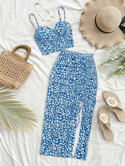 Soleia 细肩带花卉印花上衣和迷你裙休闲套装