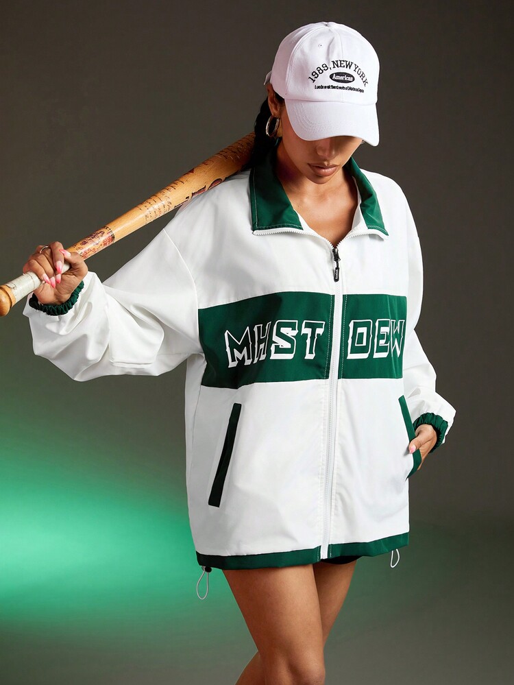 Streetz SHEIN Sport 前拉链长袖纯色拼布字母印花运动夹克，休闲日常穿着 - 白色 - 查看 2