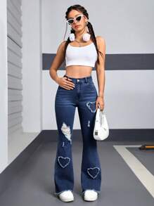 SHEIN EZwear 女式前扣口袋做旧毛边下摆休闲牛仔裤 - 深色水洗藍 - 查看 6