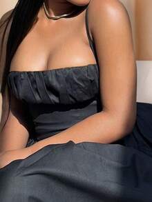 Women's Plain Simple Daily Spaghetti Strap Dress - Black - View 7