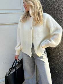 Siren Gaze 女士纯色长袖蓬松开襟毛衣 - 白色 - 查看 3