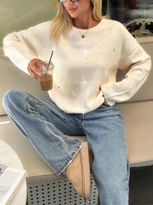 EURMUSE Woman Loose Fit Comfy Warm Rhinestones Detailed Sweater - Beige - View 6