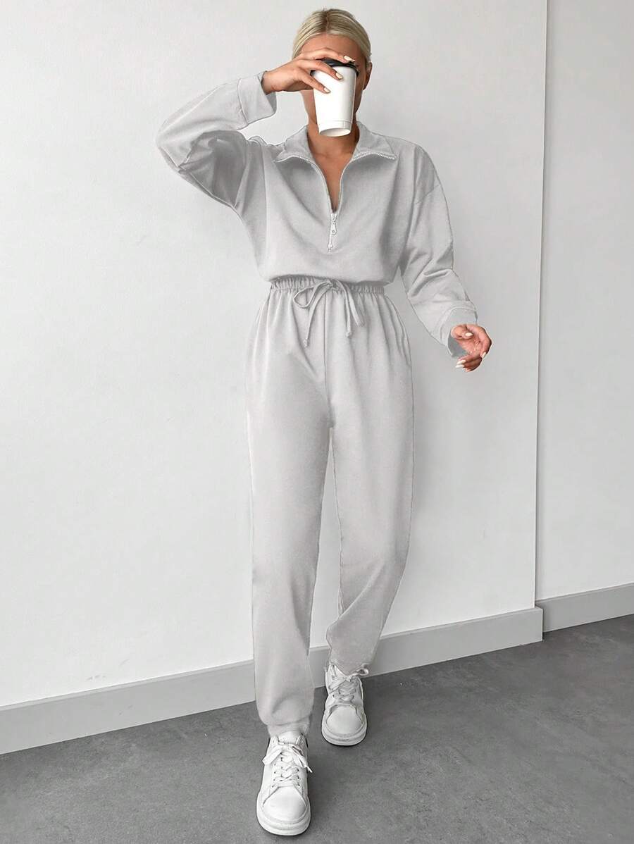 EURMUSE Drop Shoulder Half Zip Placket Sweatshirt & Sweatpants - Light Grey - View 1