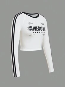 SHEIN EZwear 女士秋冬街头潮流图案编织带圆领长袖修身 T 恤 - 白色 - 查看 7