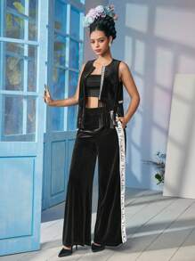 ISELACOS Frida Kahlo X SHEIN X Designer Quần ống rộng cạp cao bằng nhung đen in ruy băng logo, ngày lễ, lễ tạ ơn, mùa xuân, lễ hội - màu đen - Xem 4