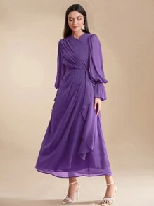 Modelyn Đầm viền nhún bèo dài tay màu trơn dành cho nữ, thường ngày & ngày lễ - Màu tím - Xem 3