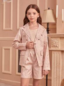 Tween Girl Collared Long Sleeve Vintage Formal Blazer, Vest And Casual Shorts 3pcs Set, Autumn/Winter