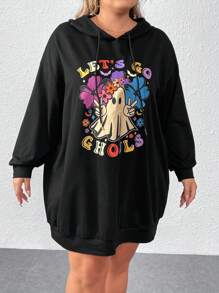 SHEIN CURVE+ Plus Size Cute Pattern Printed Black Hoodie Dress For Halloween - Black - View 3