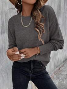 EMERY ROSE Sweater Pullover Lengan Panjang Kerah Bulat Warna Polos, Pakaian Kasual Sehari-hari, Atasan Lengan Panjang, Pullover Rajut Musim Gugur Musim Dingin - Dark Grey - View 3