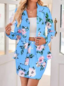 SHEIN Clasi 2pcs/Set Stand Collar Long Sleeve Allover Print Blouse And Mini Skirt Casual Suit - Baby Blue - View 1
