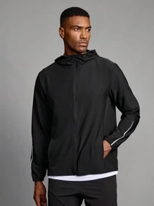 Manfinity Running 男友风格男士纯色长袖拉链连帽运动夹克，4 季 - 黑色 - 查看 9